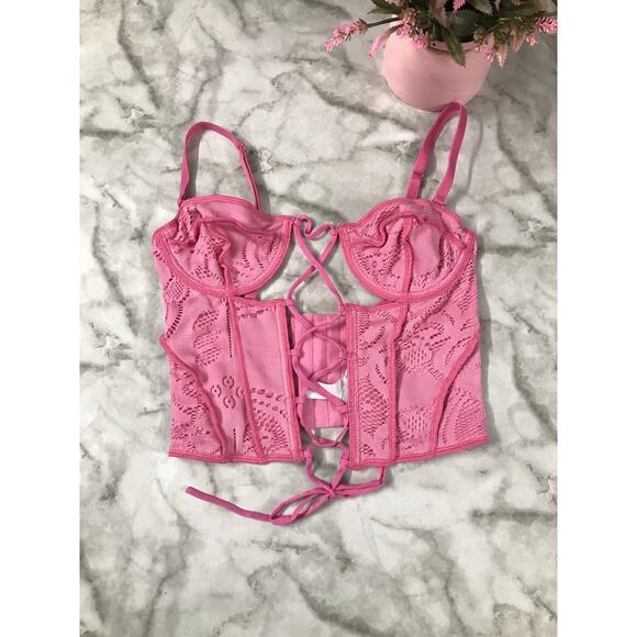 UO Out From Under PINK Amour Lace Lace-Up Adj Straps Corset Women's Size Sm/P - Picture 1 of 7